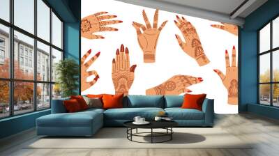 Mehndi ceremony hands. Elegant woman hand with Indian patterns henna tattoo. Hand gestures with floral ornaments vector illustration set Wall mural