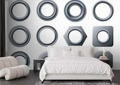 Metal eyelets. Curtain eyelet ring, round grommet and circular fastener with hole isolated vector set Wall mural