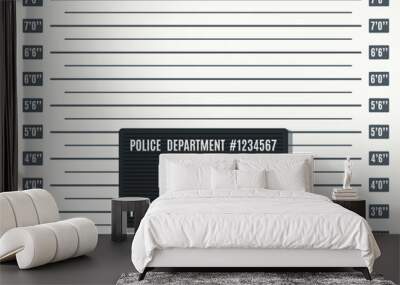 Mugshot photo template. Law enforcement, jail booking photography backdrop template with height measurement chart and black police department placard vector background Wall mural