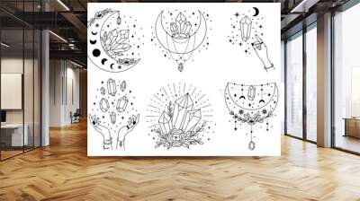 Mystery crystals. Line art celestial gems, moon crystal and mystical boho tattoo vector illustration set Wall mural