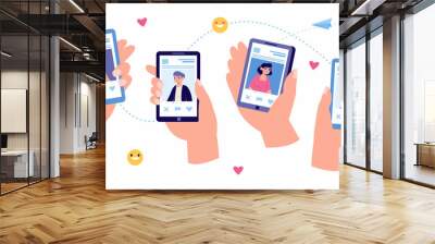 Oline romance date app on smartphone screen. Vector illustration set hands holding smartphone virtual relationship communication Wall mural