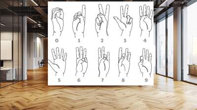 One line counting fingers. Hands gesture numbers from zero to nine, sign language and simple mathematics vector icon set Wall mural