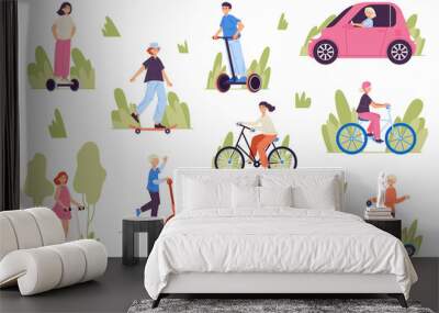 People riding electric transport, bicycle, scooter, electric car. Healthy lifestyle and active recreation characters vector illustration set. Healthy outdoor sport activities Wall mural