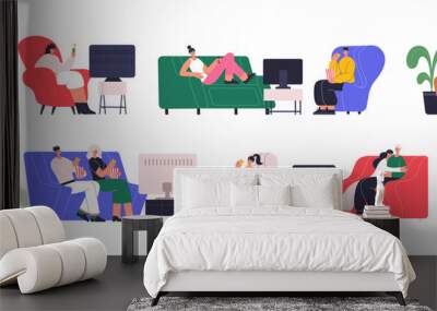 People watching tv, couple, family resting on couch at home. Characters at home watching movie or playing video games vector illustration set. Person spending time tv viewing Wall mural