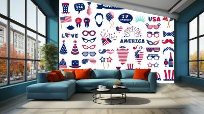 Photobooth USA patriotic props. Celebration photobooth mask, American glasses, mustache and hat, photo props vector symbols set. American party, mask booth independence holiday illustration Wall mural