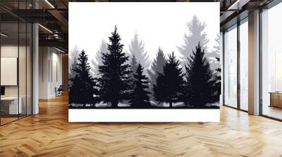 Pine trees silhouettes. Evergreen coniferous forest silhouette, nature spruce tree park view vector illustration. Coniferous woods silhouette Wall mural