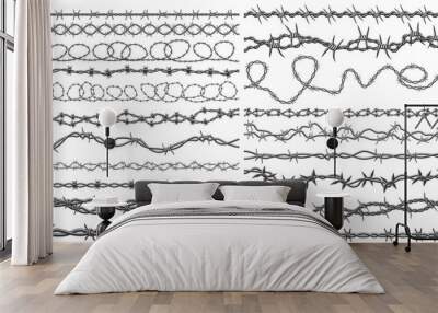 Razor wire silhouettes. Barbed wire metallic border elements, sharply barb wire fencing vector symbols set. Prison barbed wire Wall mural