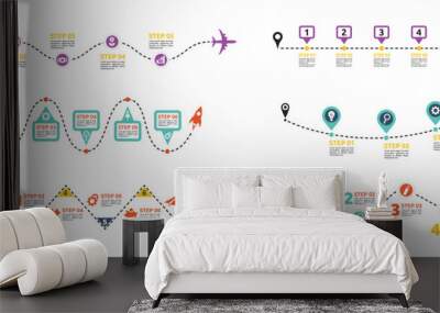 Roadmap infographic template. Business launch steps on dashed line, startup strategy routes and flight path timeline routes with pinpoint location icons on journey stages. Vector set. Wall mural