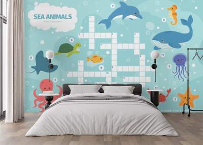 Sea animals crossword. Kids crossword puzzle game, underwater marine animals, octopus, turtle and whale vector illustration. Ocean fauna children crossword Wall mural