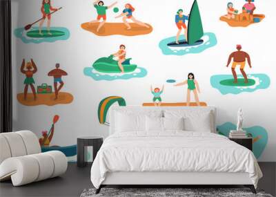 Sea outdoor activities. Water and beach sports, ocean diving, surfing and playing ball, people vacation recreation vector illustration set. Activity sport ocean, sea active leisure and swimming Wall mural