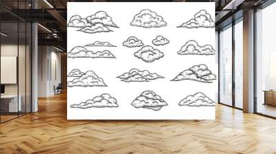 Sketch clouds. Hand drawn pencil cloudy sky, retro cloud shape engraving and overcast weather elements isolated vector Illustration set Wall mural