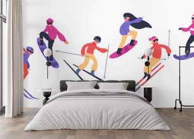 Skiers and snowboarders. Winter sport activities, people on snowboard, young skiers and snowboarders jump on mountain vector illustration set. Extreme snow mountain, snowboard and snowboarding Wall mural