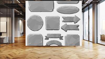 Stone game boards. Granite rocks buttons, grey stone banner, arrows and panels, stone ui elements for game design vector illustration symbols set. Interface buttons for application Wall mural