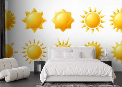 Sun 3D icons. Yellow brightness symbol, sun with rays shape, clear sunny day and hot temperature weather vector illustration set Wall mural