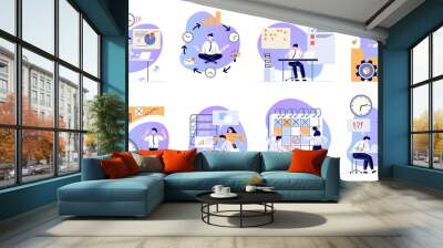 Time management. Scheduling working tasks, deadline schedule and office manager working with computer flat vector illustrations set. Job stress and work productivity. Business workflow optimization Wall mural