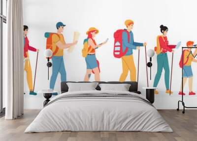 Travelling hikers. Outdoor active hikers, walking young men and women with backpacks, tourists people in trekking tour vector illustration set. Characters with map, gadget, binoculars Wall mural