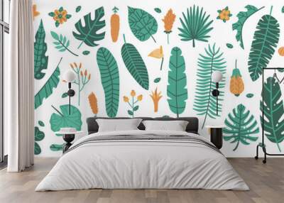 Tropical jungle leaves. Exotic plants, leaves and flowers, banana, palm, plumeria and hibiscus leaves. Jungle floral vector illustration set. Foliage plumeria and hibiscus plant, exotic floral Wall mural