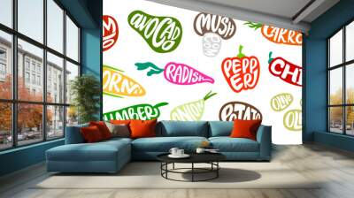 Vegetables lettering. Grocery badges with typographical vegetable name. Calligraphy tomato, pepper and carrot sign vector set Wall mural