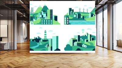 Village landscape. Minimalist town views, city house district, daytime landscape with buildings, trees and hills vector illustration set. Town and village landscape view, house building Wall mural