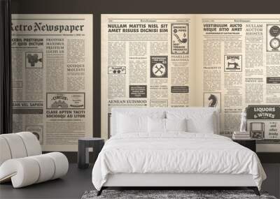 Vintage old newspaper full page, retro spread pages. Retro newsprint page, editorial news and ad posters newspaper layout vector illustration set. Old newspaper pages Wall mural