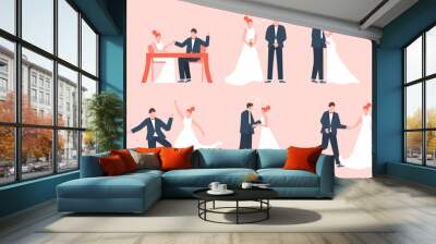 Wedding couple. Marriage bride and groom, newlyweds in love, young family dancing and celebrating, marriage ceremony vector illustration set. Bride and groom, wedding marriage love, dress newlywed Wall mural