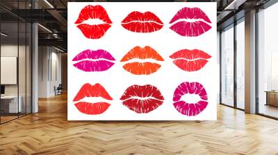 Woman lips red lipstick kiss prints, lip kisses elements. Female lips kiss imprints, woman red lipstick kiss shapes vector illustration set. Love kiss lip prints Wall mural