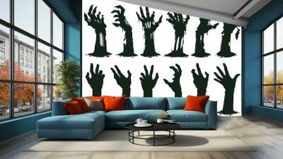 Zombie hands silhouette. Creepy zombie crooked lambs stick out of graveyard ground vector illustration set. Halloween zombie hands Wall mural