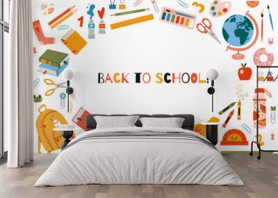 Back to school horizontal banner, round frame with cute school stationery and art supplies, cartoon style. Trendy modern vector illustration isolated on white background, hand drawn, flat Wall mural