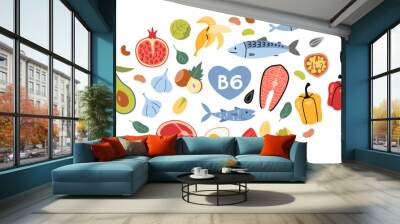 Best sources of vitamin B6 foods. Sea food, fish, meat, fruits, vegetables, nuts and eggs set. Isolated vector illustration, hand drawn, flat design Wall mural