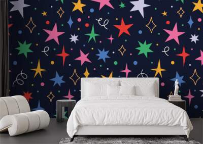 Seamless pattern with stars and sparks, cartoon style. Christmas, birthday print in vibrant colors on a dark background. Trendy modern vector illustration, hand drawn, flat Wall mural