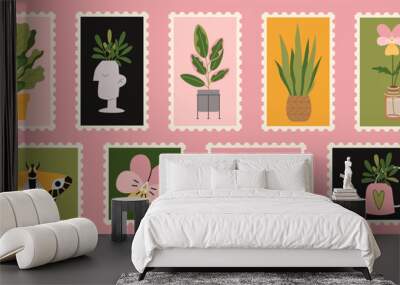 Set of cute hand-drawn post stamps with natural plant elements, attributes like Houseplants, bottled flowers, butterflies, moth.  Urban Cozy home. Trendy modern vector illustartions in Cartoon style Wall mural