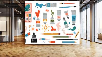 Set with Painting tools elements, cartoon style. Art supplies: paint tubes, brushes, pencil, watercolor, palette. Trendy modern vector illustration isolated on white, hand drawn, flat design Wall mural