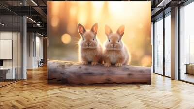 The twin brown rabbits on a timber on morning sunlight Wall mural