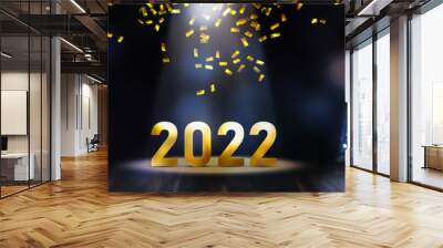 curtain up for golden number 2022, confetti rain and spot light on stage at night, festive concept for award ceremony or winners party or new year's eve Wall mural