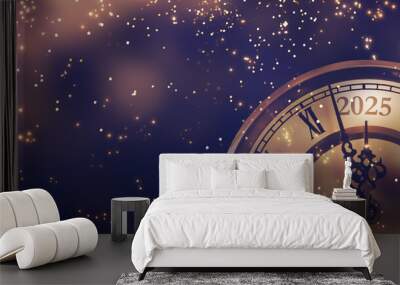 happy new year 2025 countdown clock on abstract glittering midnight sky with copy space, festive party invitation card concept for new years eve Wall mural