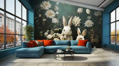 classic easter day illustration with 2 cute easter bunny and white flower Wall mural