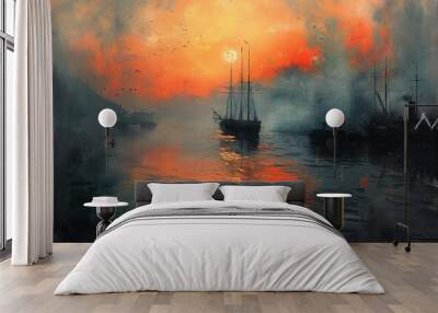 Landscape painting features battleship sail boat in the sea ocean, during sunset,  moody vintage classic wall art, background, wallpaper  Wall mural