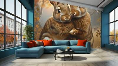 Oil painting features two bunny rabbit in the forest wall art, moody vintage farmhouse style digital art print, wallpaper, background Wall mural