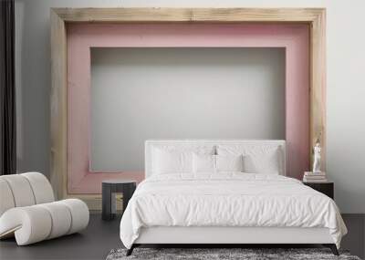 realistic mock up empty pink wooden photo frame, gallery wall on white wall Wall mural