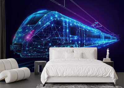 Digital low poly wireframe  futuristic high-speed train. Future logistics modern technology, transport concept Abstract 3d blue purple  connected dots  color mesh Wall mural