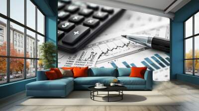 Financial accounting stock market graphs, pen, analysis calculator Wall mural