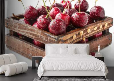 fresh cherry in wooden crate isolate on white background Wall mural