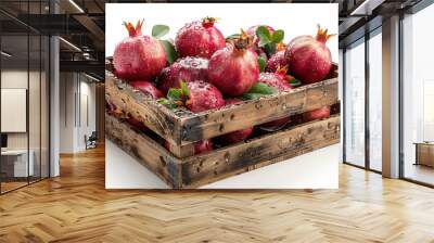 Fresh pomegranate with water droplets in wooden crate isolated on white background copy space Wall mural