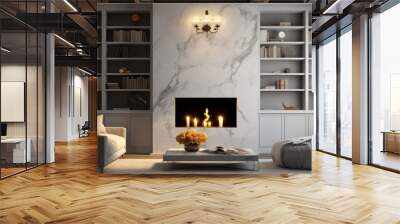 living room, marble wall fireplace and stylish bookcase to the ceiling in a chic expensive interior of a luxurious country house  a modern design wood and led light, gray furniturу Wall mural