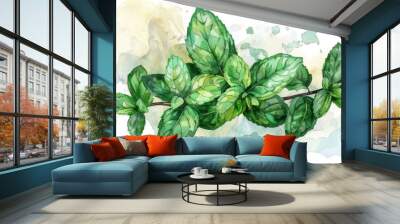 Mint leaves on a transparent background , watercolor Wall mural