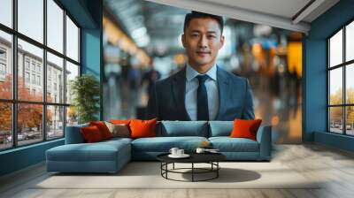 Portrait of businessman wearing a suit and pulling a suitcase Wall mural