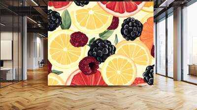 Seamless pattern of berries and citrus. Slices of lemon, orange, lime, blueberries, cranberries, lingonberries, cherries and strawberries Wall mural