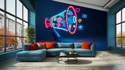 Vibrant neon megaphone with various marketing buzzwords, social media Concept Marketing Trends Wall mural