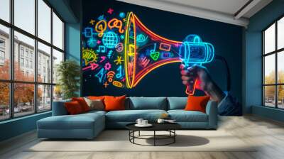 Vibrant neon megaphone with various marketing buzzwords, social media Concept Marketing Trends Wall mural