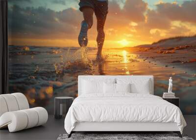 woman running on beach in morning sunrise Wall mural